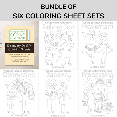 Bundle of All 6 Coping Cue Cards Coloring Sheets (Includes